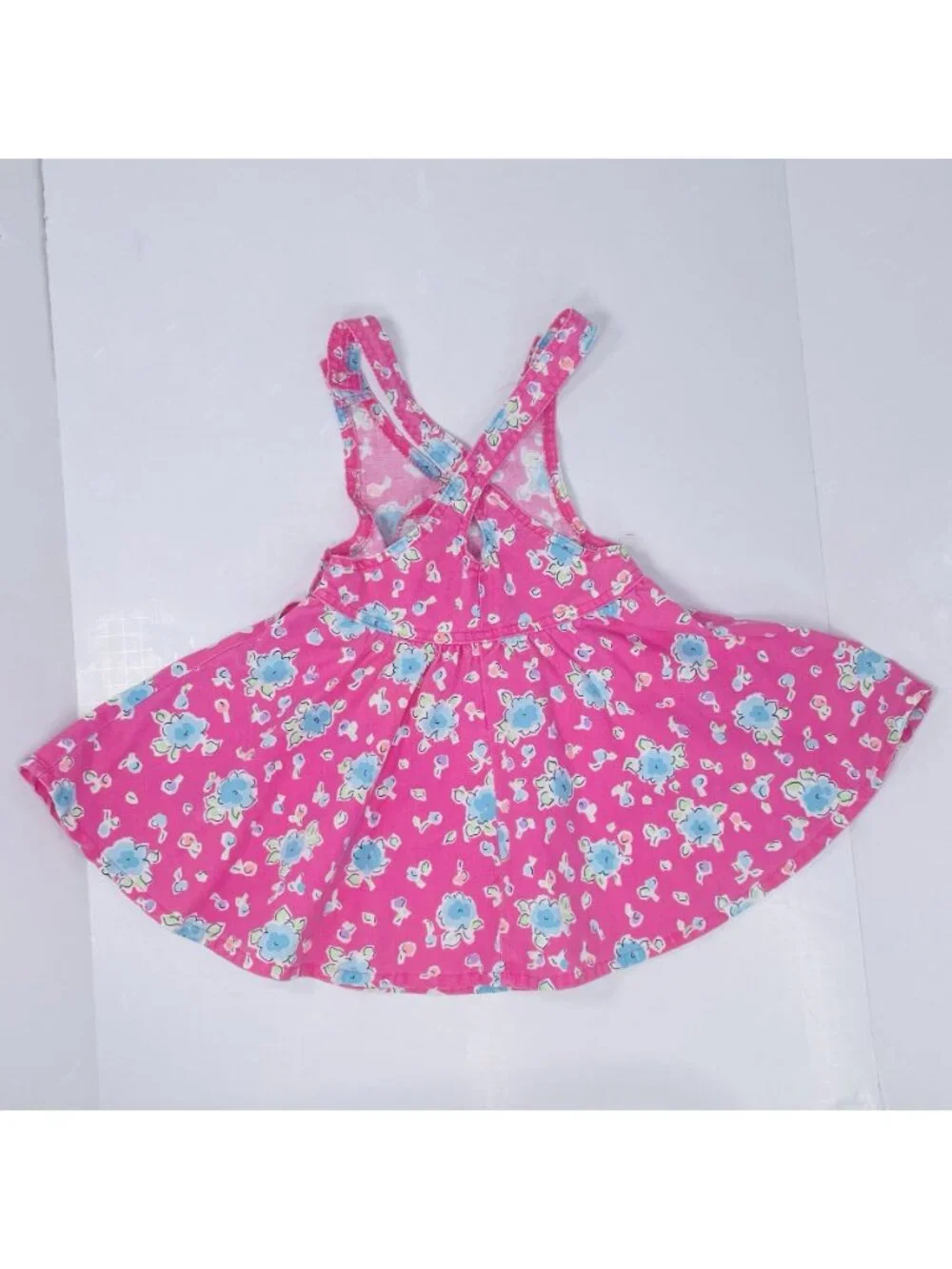 Vintage Oshkosh Toddler Girls Pink Cross Over Floral Denim Overalls Dress 4T
